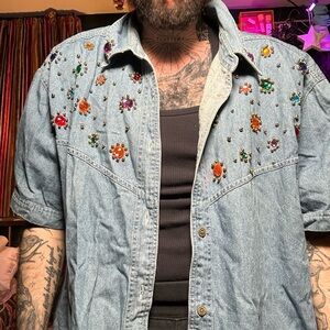 Embellished Denim Shirt with Colorful Accents shoulder pads